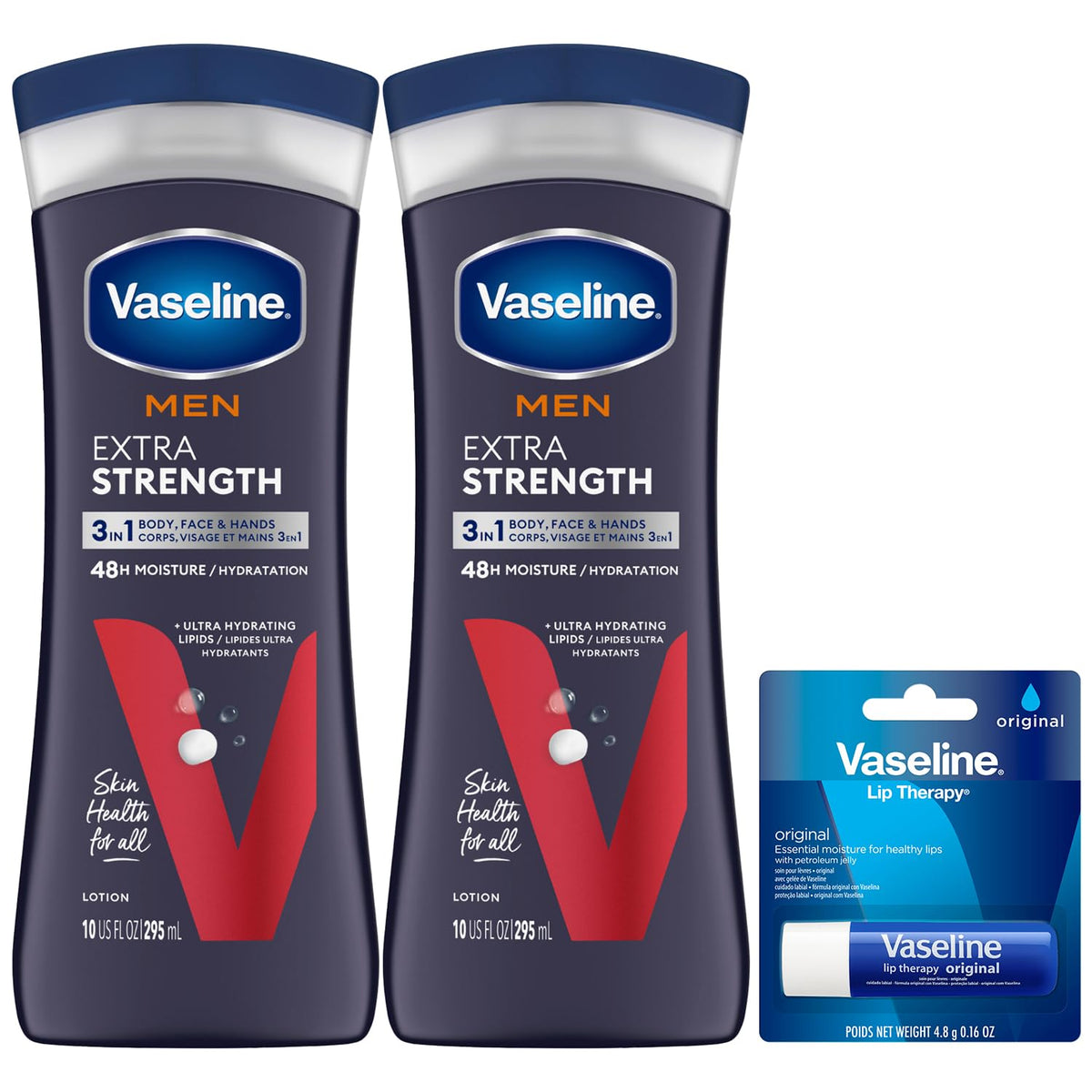 Vaseline Men Extra Strength 3-in-1 Lotion bottle offers all-in-one skin hydration.