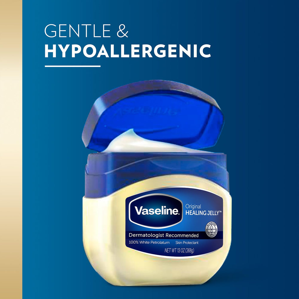 Vaseline Petroleum Jelly on dry skin for soothing hydration and repair.