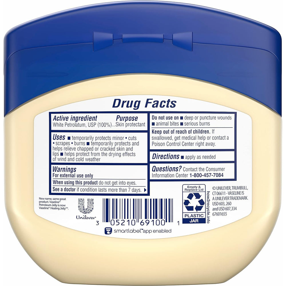 Vaseline Petroleum Jelly jar close-up showing the pure petrolatum barrier for healing support.
