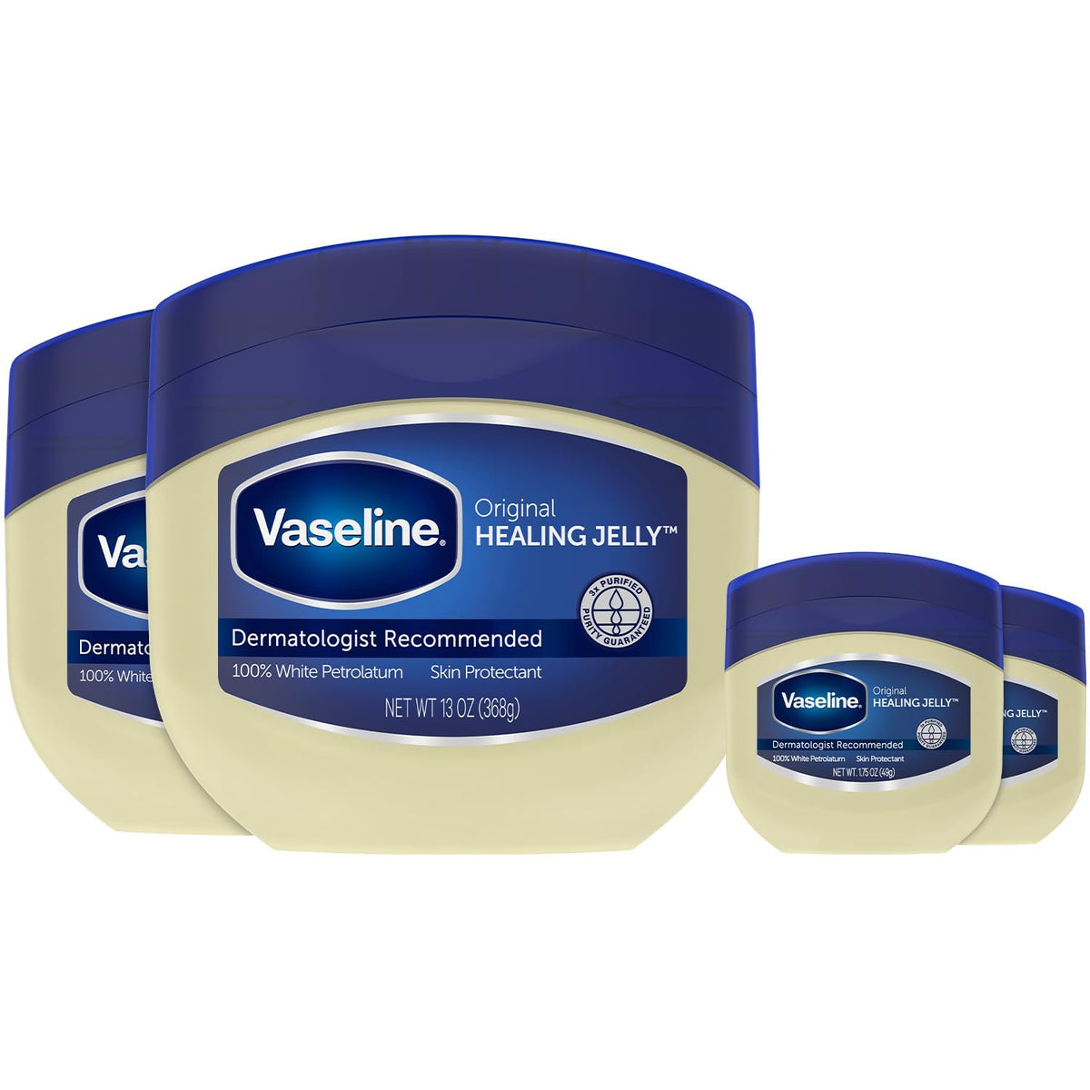 Vaseline petroleum jelly jar front view showing unscented skin protection and moisture