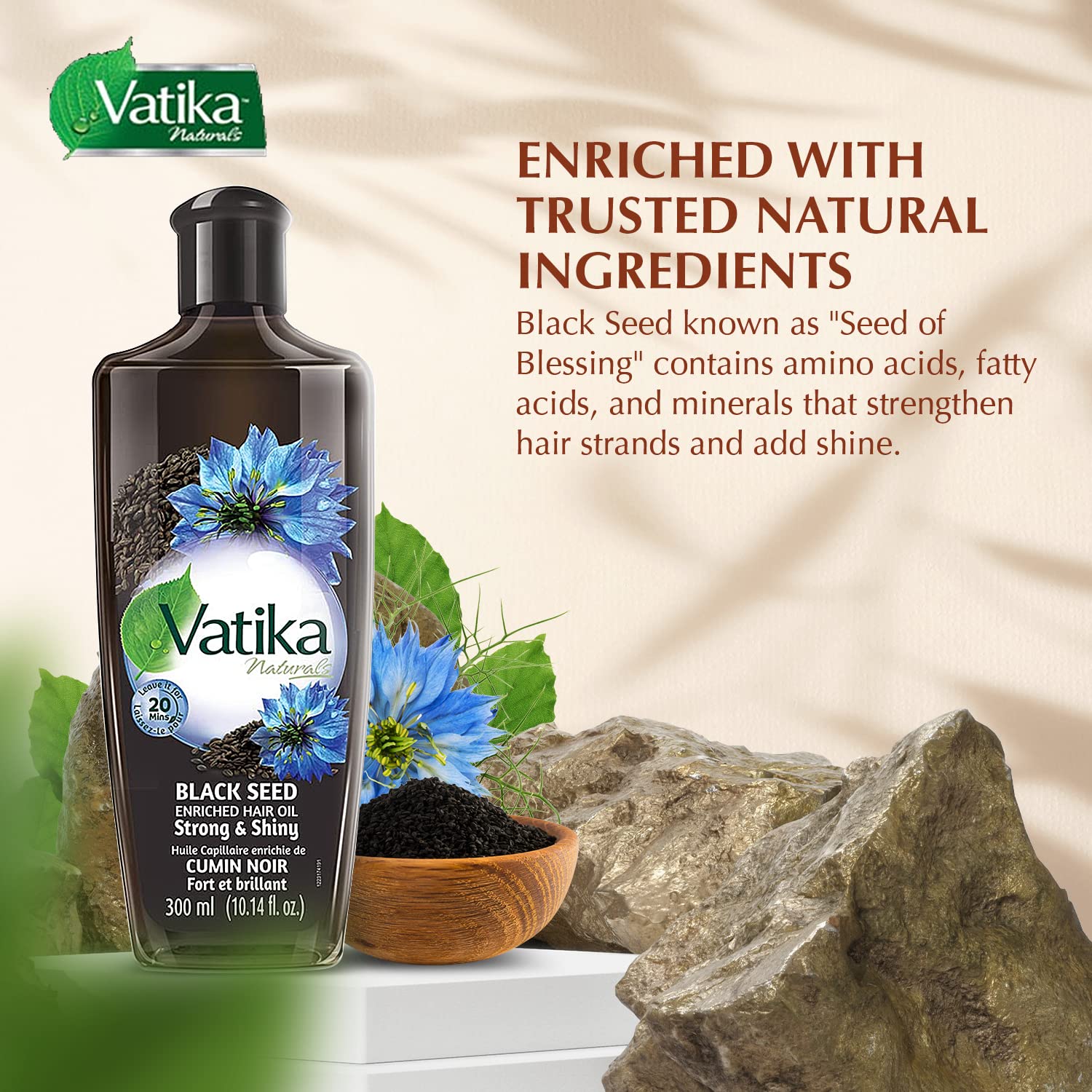 Vatika Naturals enriched black seed hair oil ingredients closeup highlights nourishing minerals.