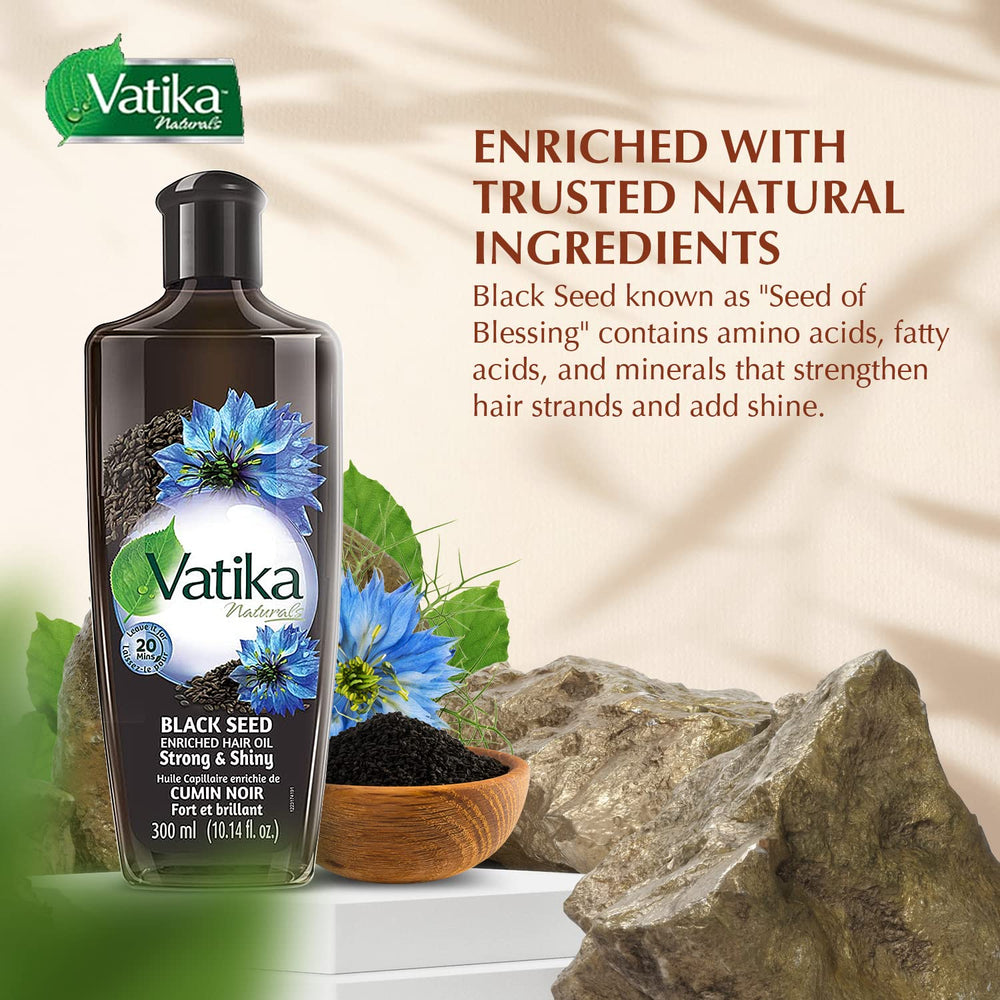 Vatika Naturals enriched black seed hair oil ingredients closeup highlights nourishing minerals.