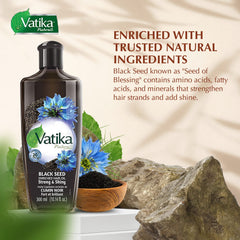 Vatika Naturals enriched black seed hair oil ingredients closeup highlights nourishing minerals.