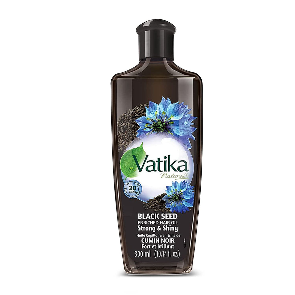 Vatika Naturals enriched black seed hair oil bottle highlights nourishing shine for all hair types.