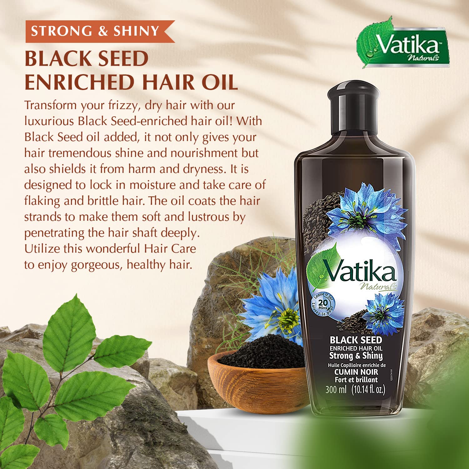 Vatika Naturals enriched black seed hair oil pour demonstrates easy application and hydration.
