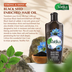 Vatika Naturals enriched black seed hair oil pour demonstrates easy application and hydration.