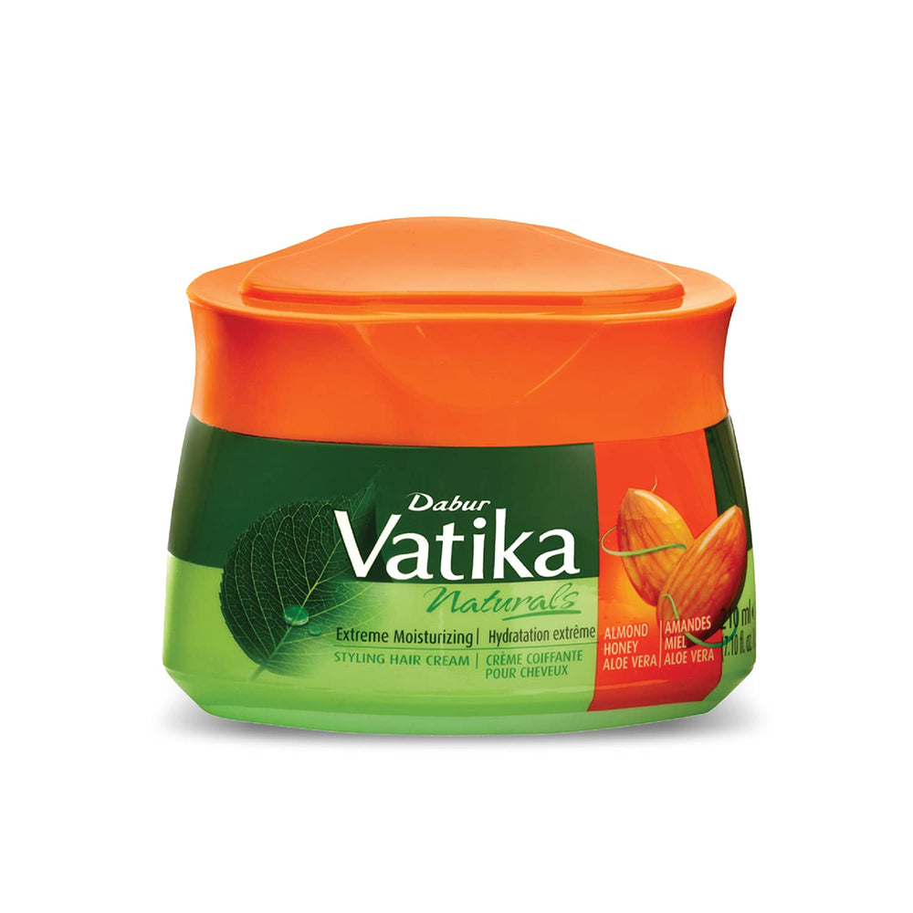 Vatika Naturals Styling Cream almond bottle with curl definition for everyday frizz control.