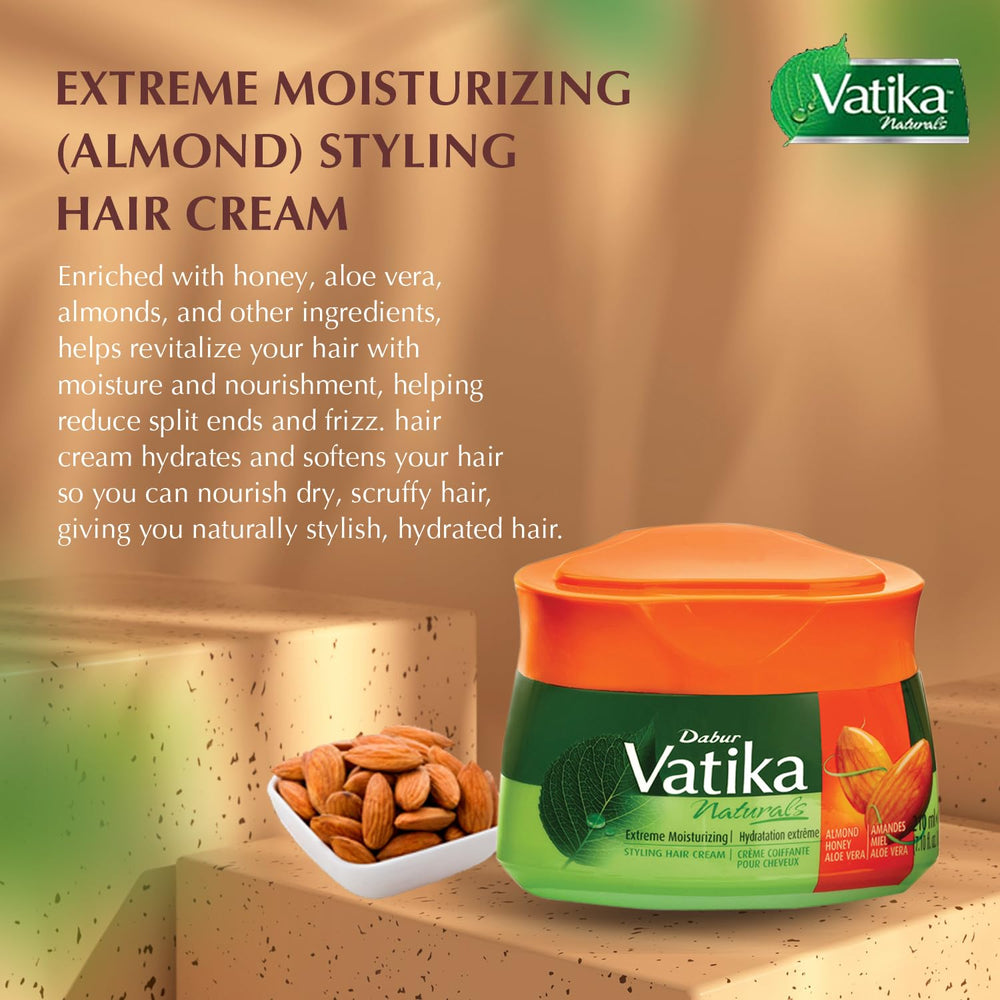 Vatika Naturals Styling Cream coconut blend jar close-up showing hydration for dry hair.