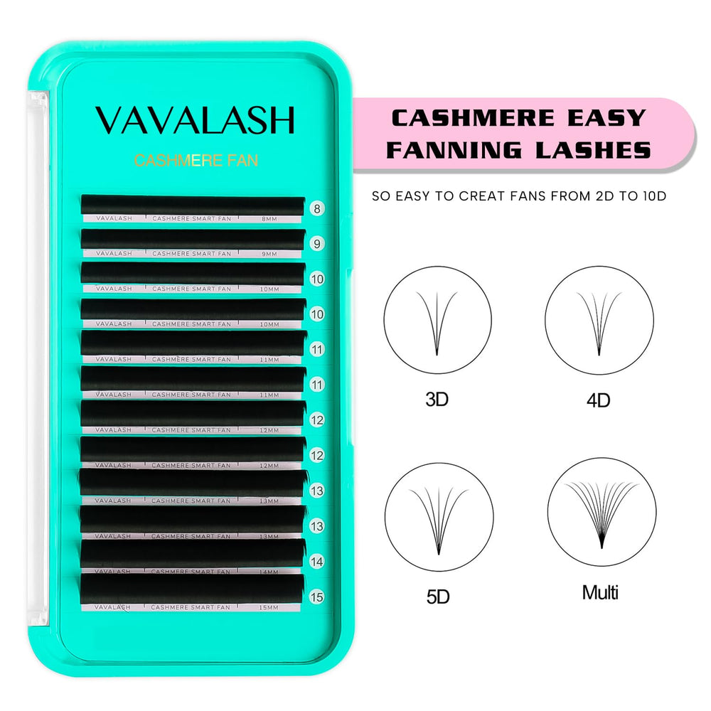 VAVALASH Cashmere Easy Fan Lashes available in 8-20mm range for versatile designs.