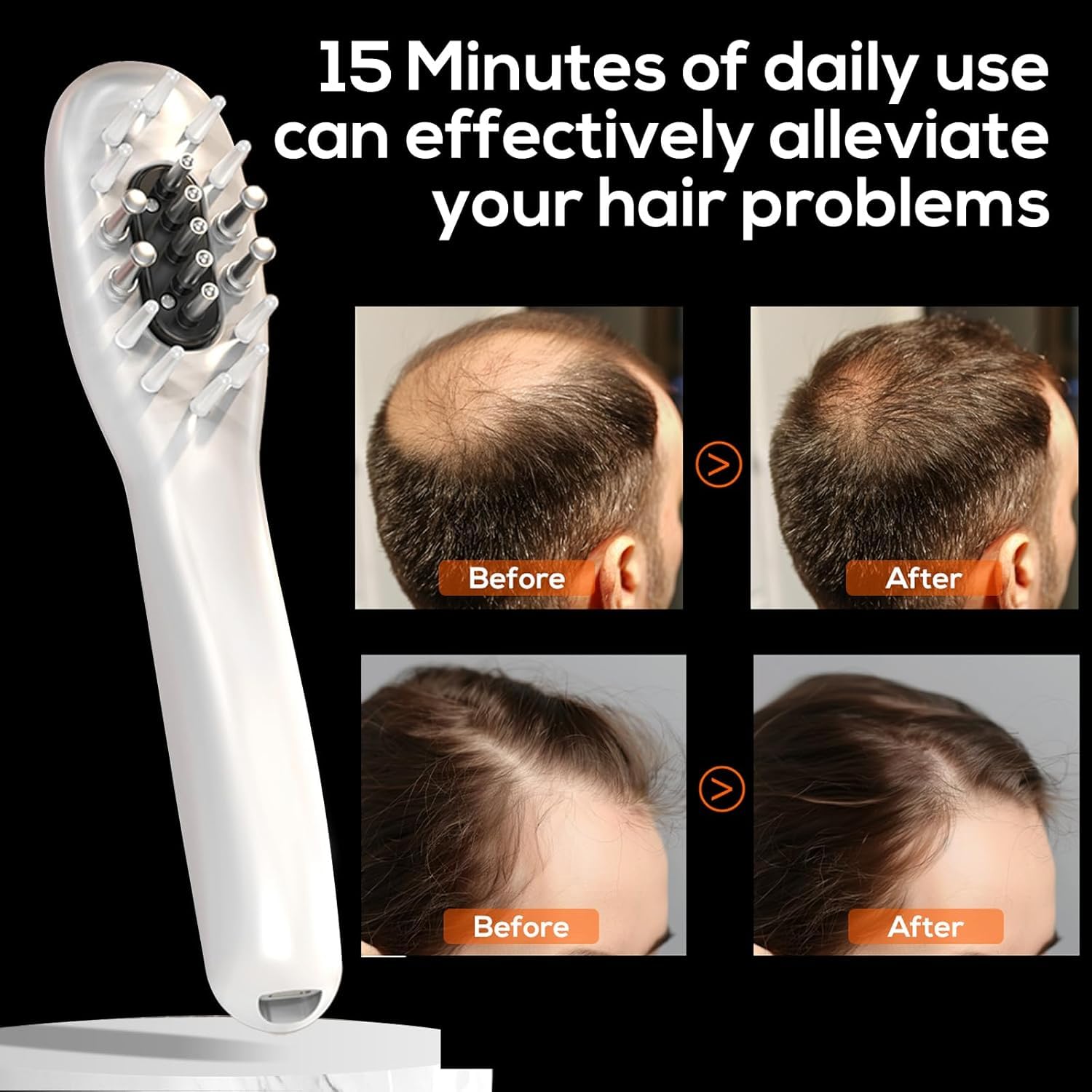 Vavis Lasercomb-001 handheld device shown in use for at-home scalp care.