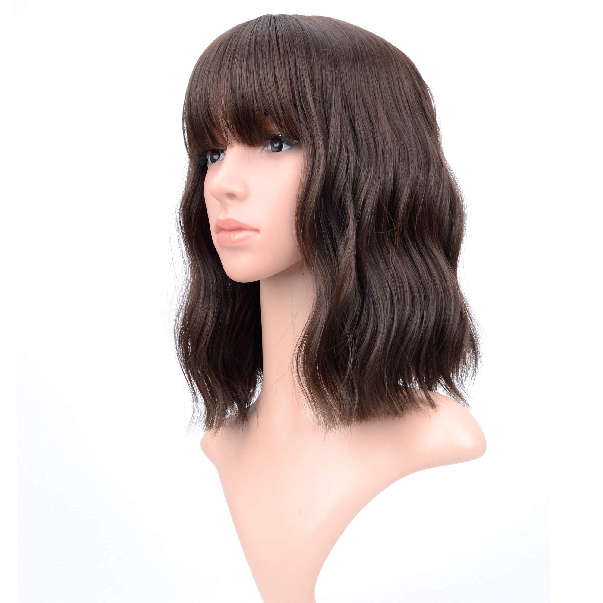 VCKOVCKO Short WaveWigs natural brown air bangs closeup for authentic daily wear.