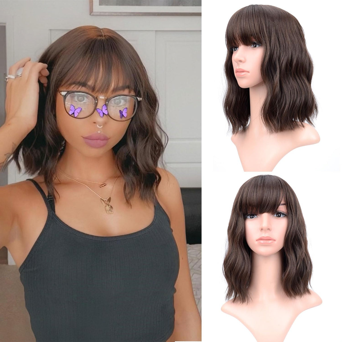 VCKOVCKO Short WaveWigs natural brown wig with air bangs for shoulder-length style and daily wear.