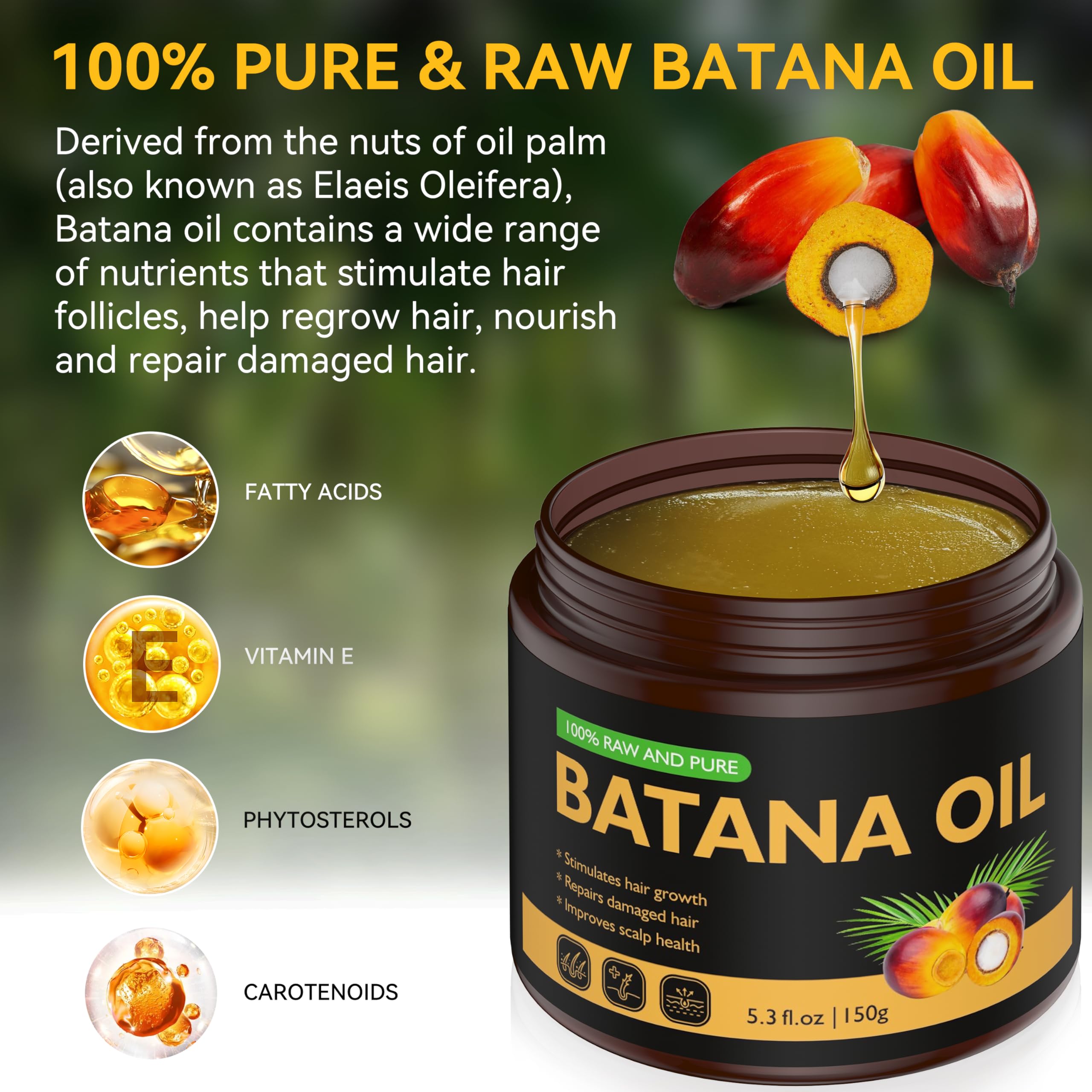 Veakoo Batana Oil ingredients close-up highlights nutrients for scalp nourishment.