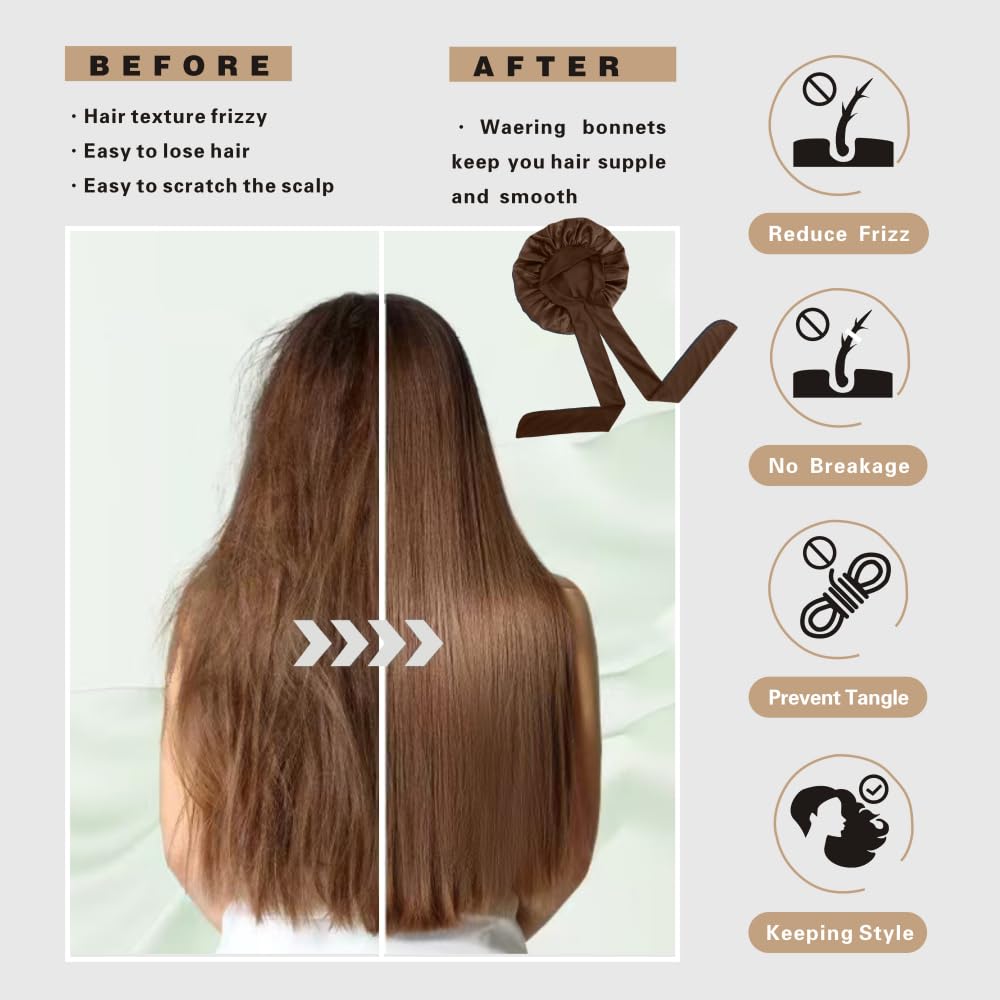 VECIIR large satin brown bonnet provides ample coverage for long or thick hair.