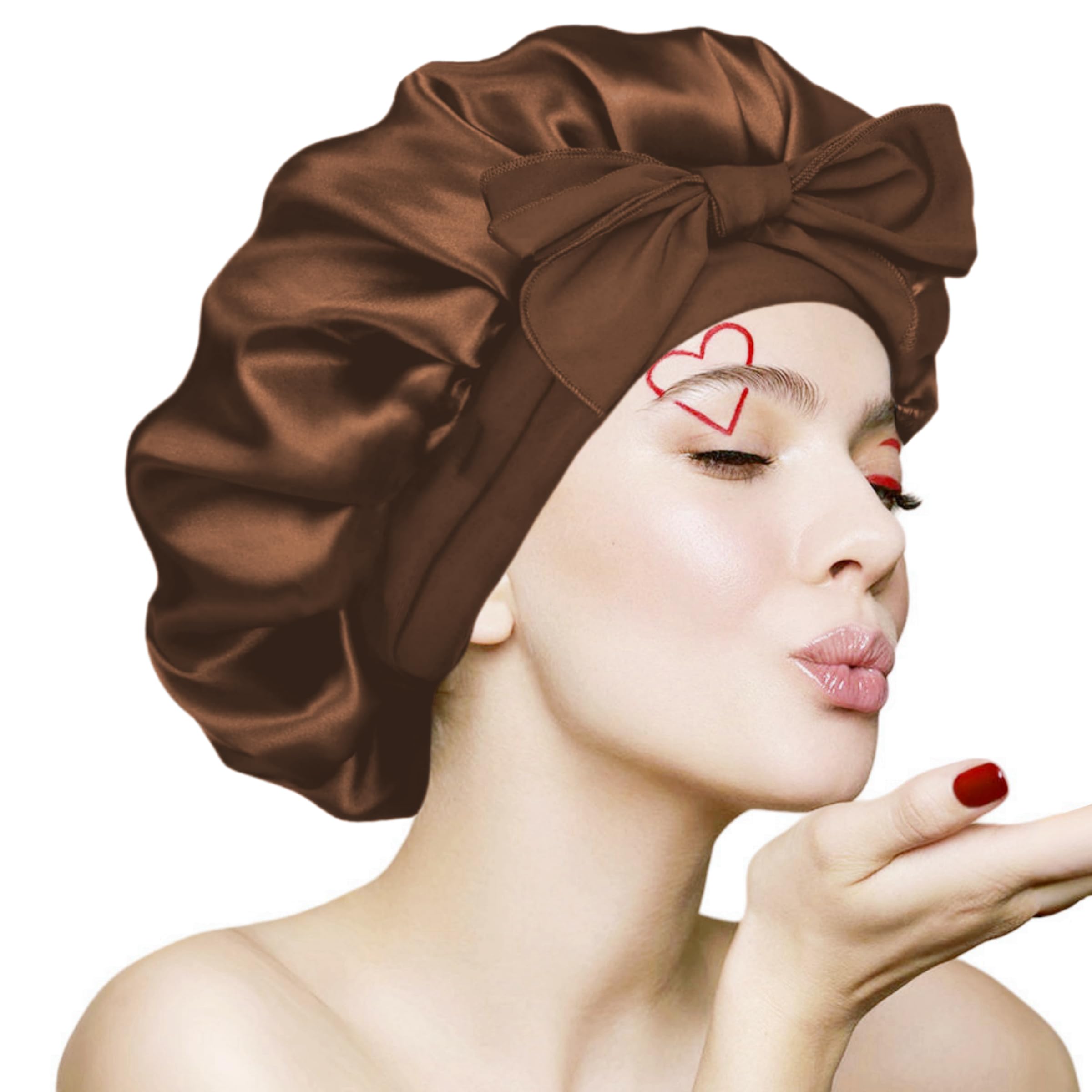 VECIIR silk bonnet sleeping women brown reduces friction for smoother curls overnight.