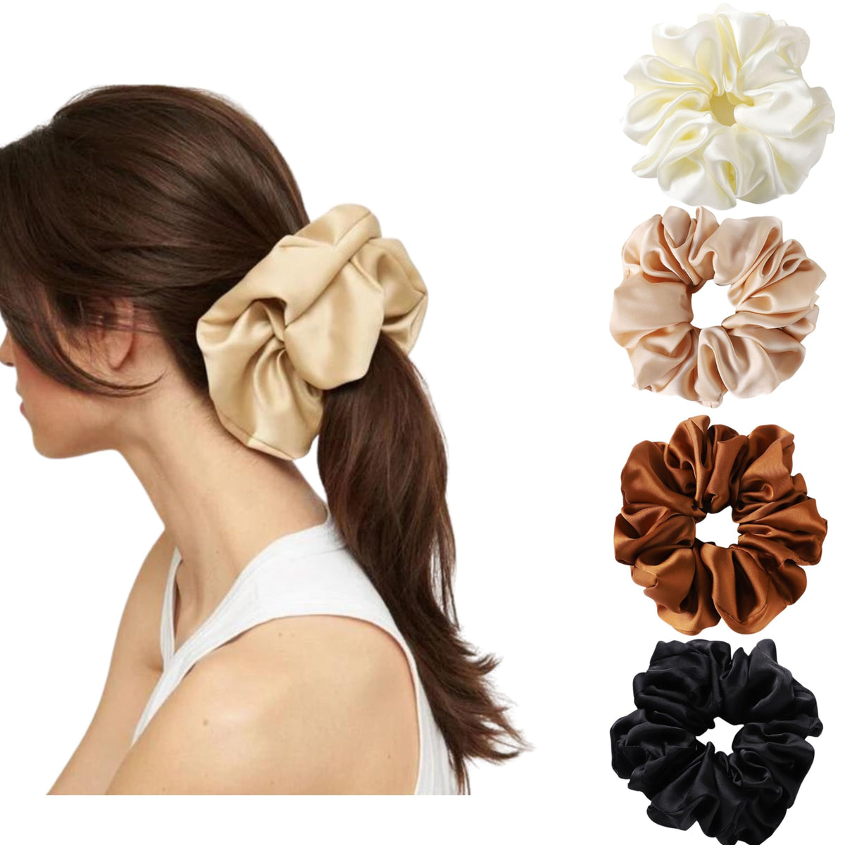 VEDO SHIPIN extra-large satin silk scrunchie pack front view showing smooth hair hold