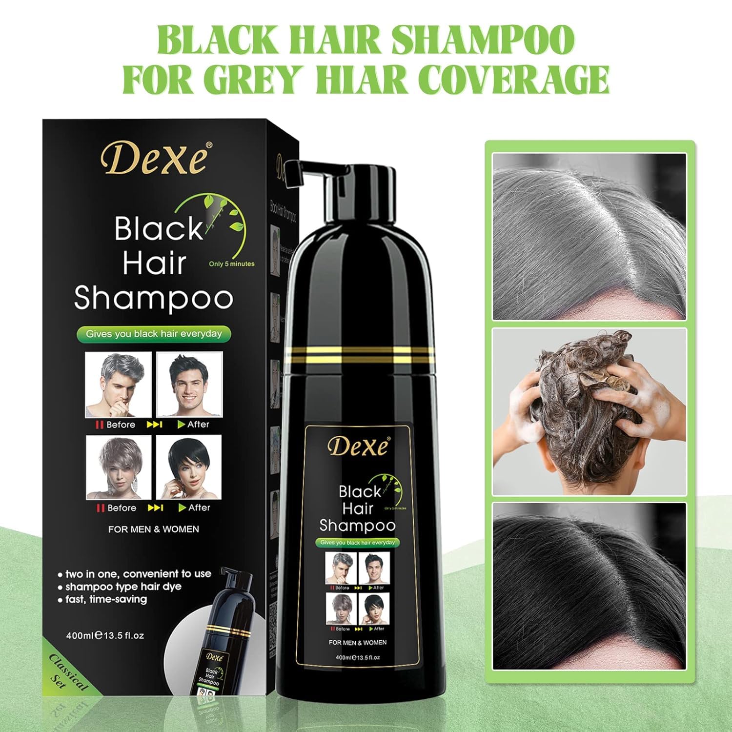 Vedora Instant Black Hair Shampoo application showing quick 5-10 minute color at home