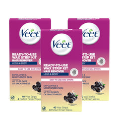Veet cold wax strips 40ct pack3—application in progress for at-home hair removal.