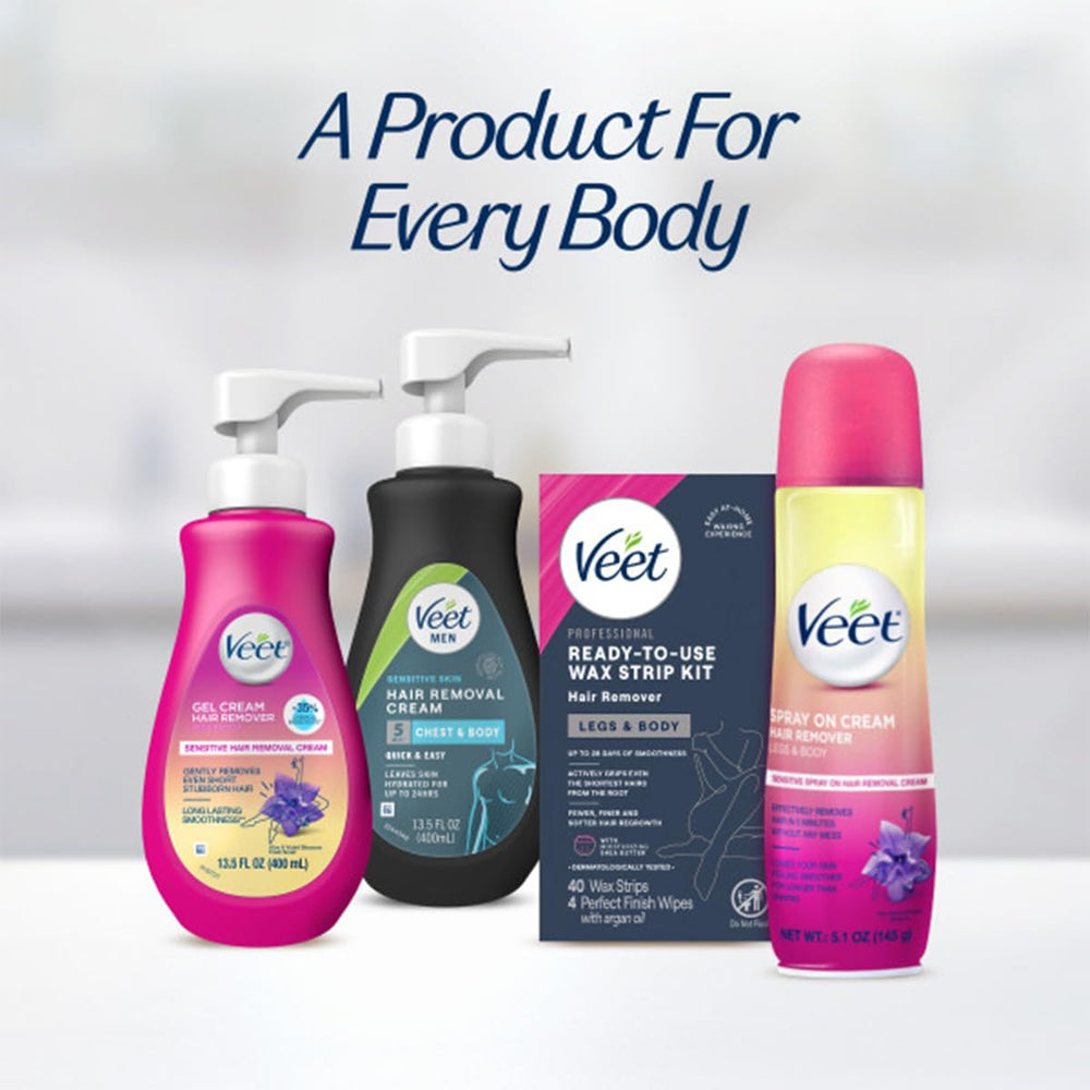 Veet Ready-to-Use Wax Strip Kit at-home vanity setup.