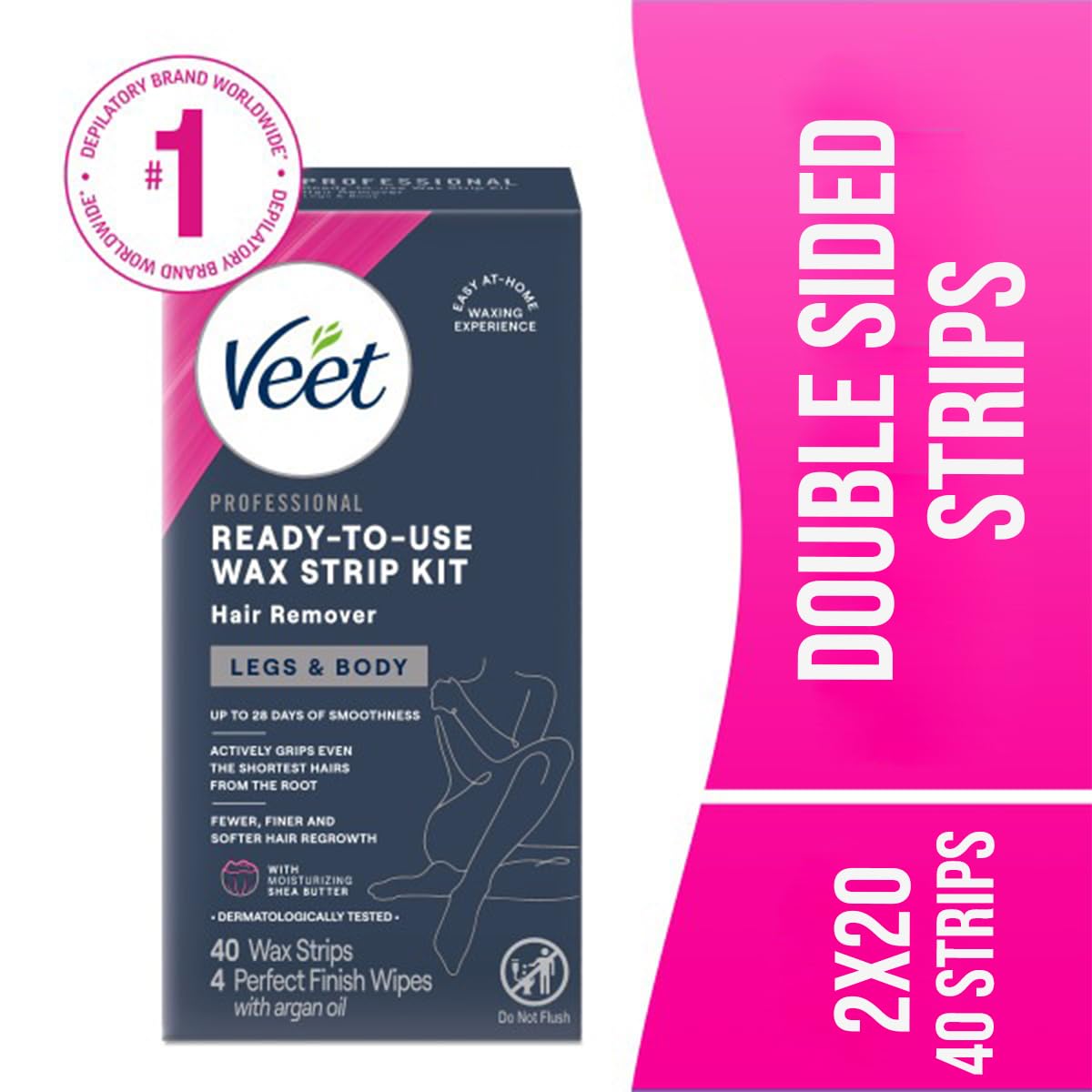 Veet Ready-to-Use Wax Strip Kit packaging closeup highlights value.