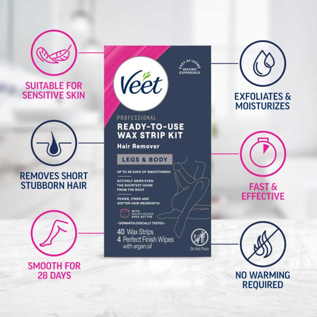 Veet Ready-to-Use Wax Strip Kit peel-apart action for quick waxing.