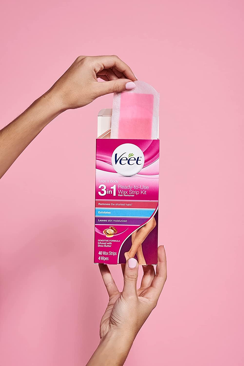 Veet ready-to-use wax strips in action for quick hair removal