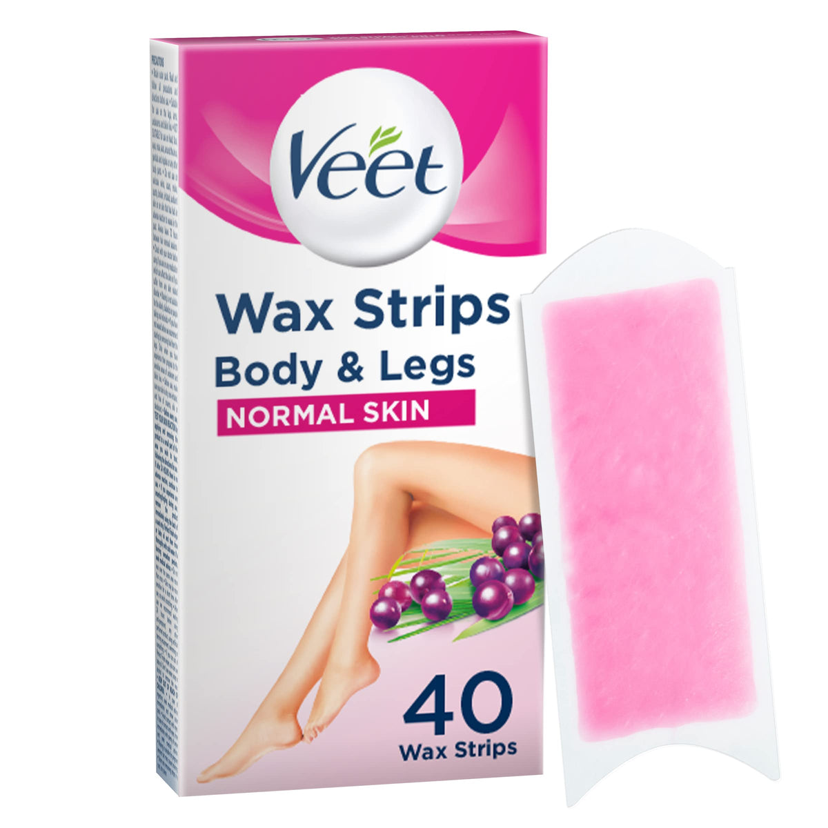 Veet Ready To Use Wax Strips packaging demonstrates convenient at-home waxing without heating