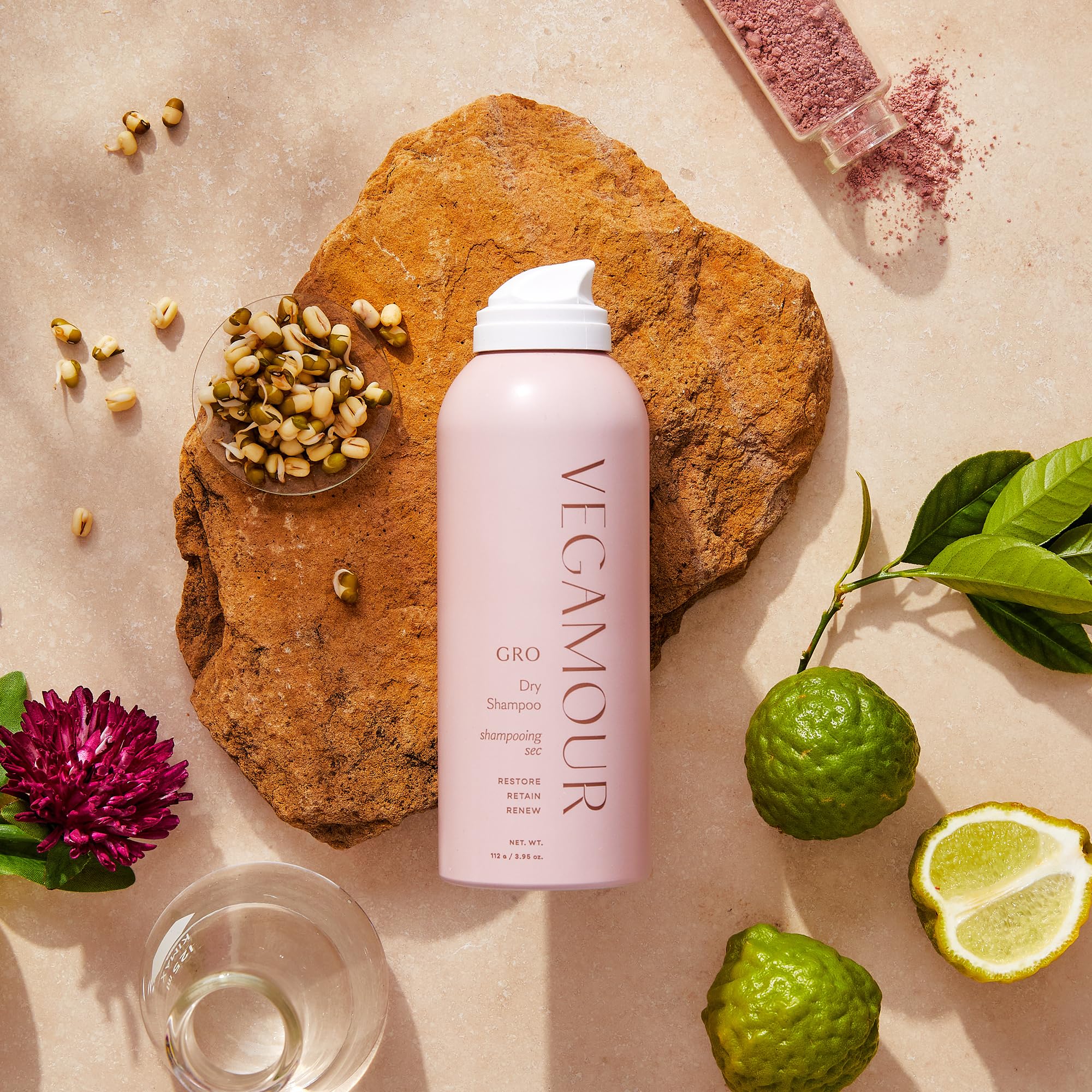 VEGAMOUR GRO Dry Shampoo vegan ingredients highlight plant-based care.
