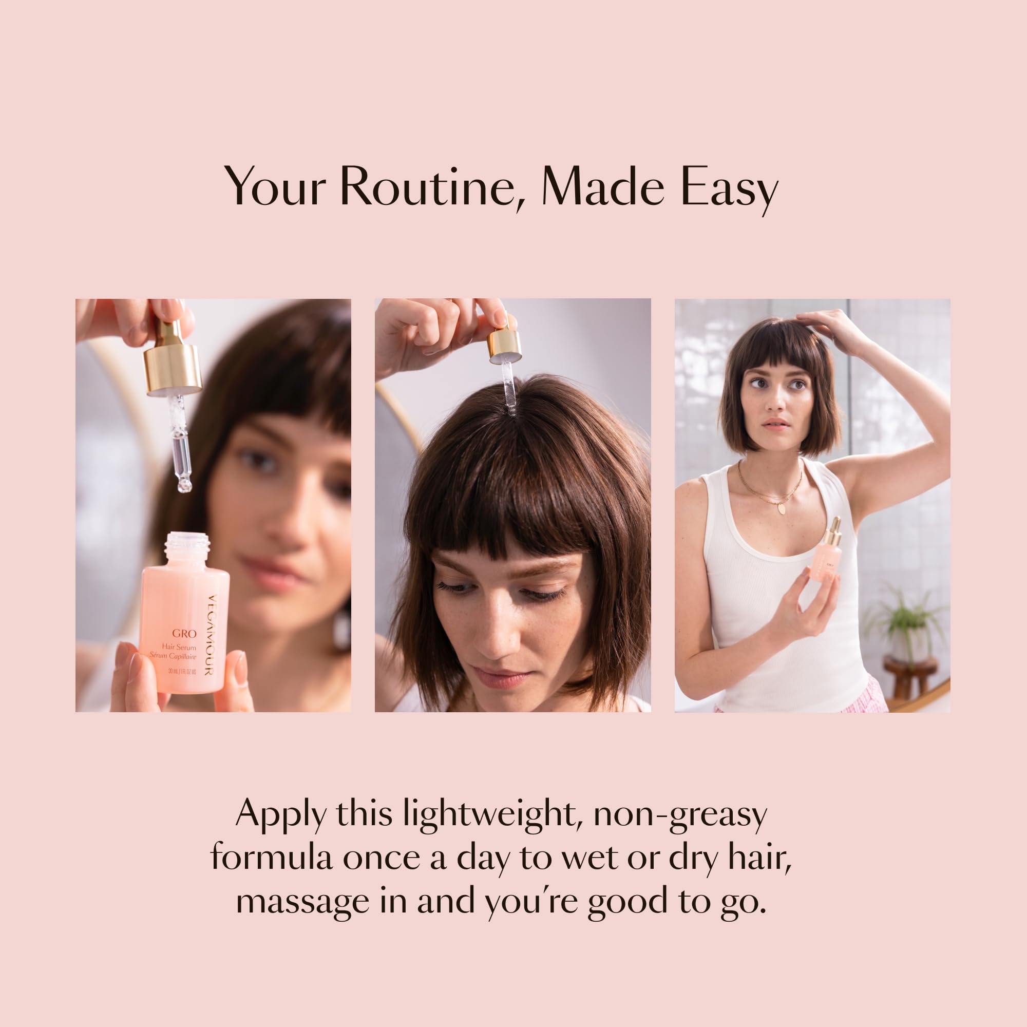 VEGAMOUR GRO Hair Serum label details highlighting vegan, plant-based actives.