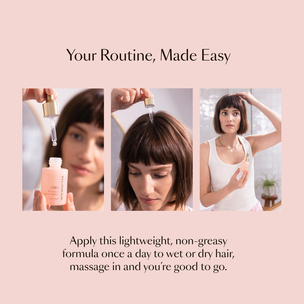 VEGAMOUR GRO Hair Serum bottle beside toothbrush supports consistent daily routine.