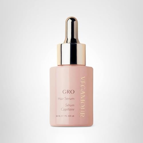 VEGAMOUR GRO Hair Serum label highlights plant-based actives for healthier appearance.