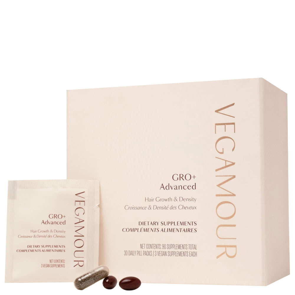 VEGAMOUR GRO+ bottle closeup showing premium packaging for daily hair support.