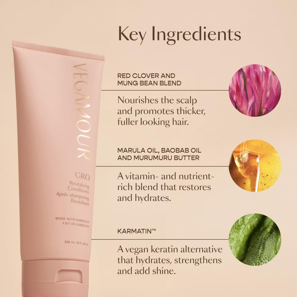 VEGAMOUR GRO Revitalizing Conditioner natural oils illustrating scalp to strand nourishment.