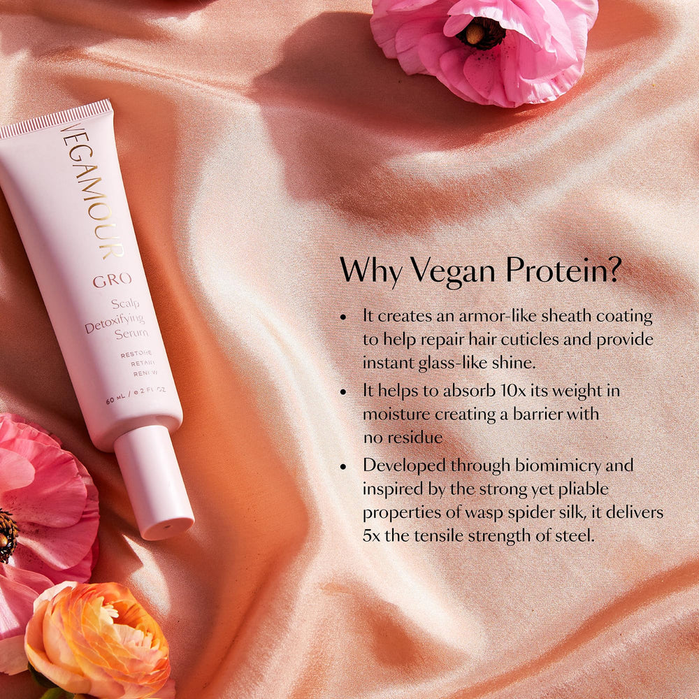 Closeup of VEGAMOUR GRO Serum showing creamy texture for gentle detox.