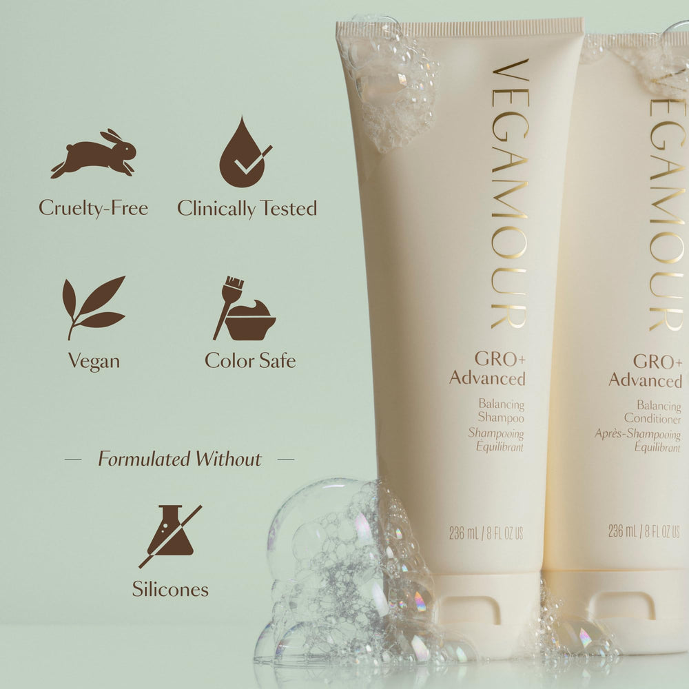 Vegan label and cruelty-free badge on the GRO+ conditioner.