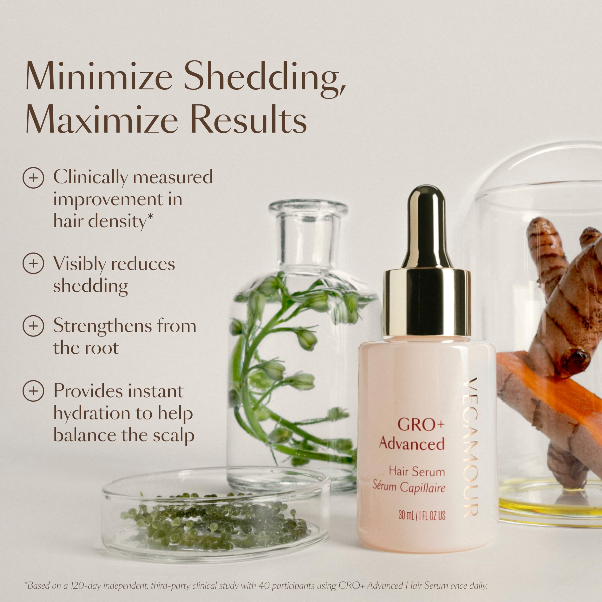 VEGAMOUR GRO+ bottle on bathroom shelf signals routine-ready density support.