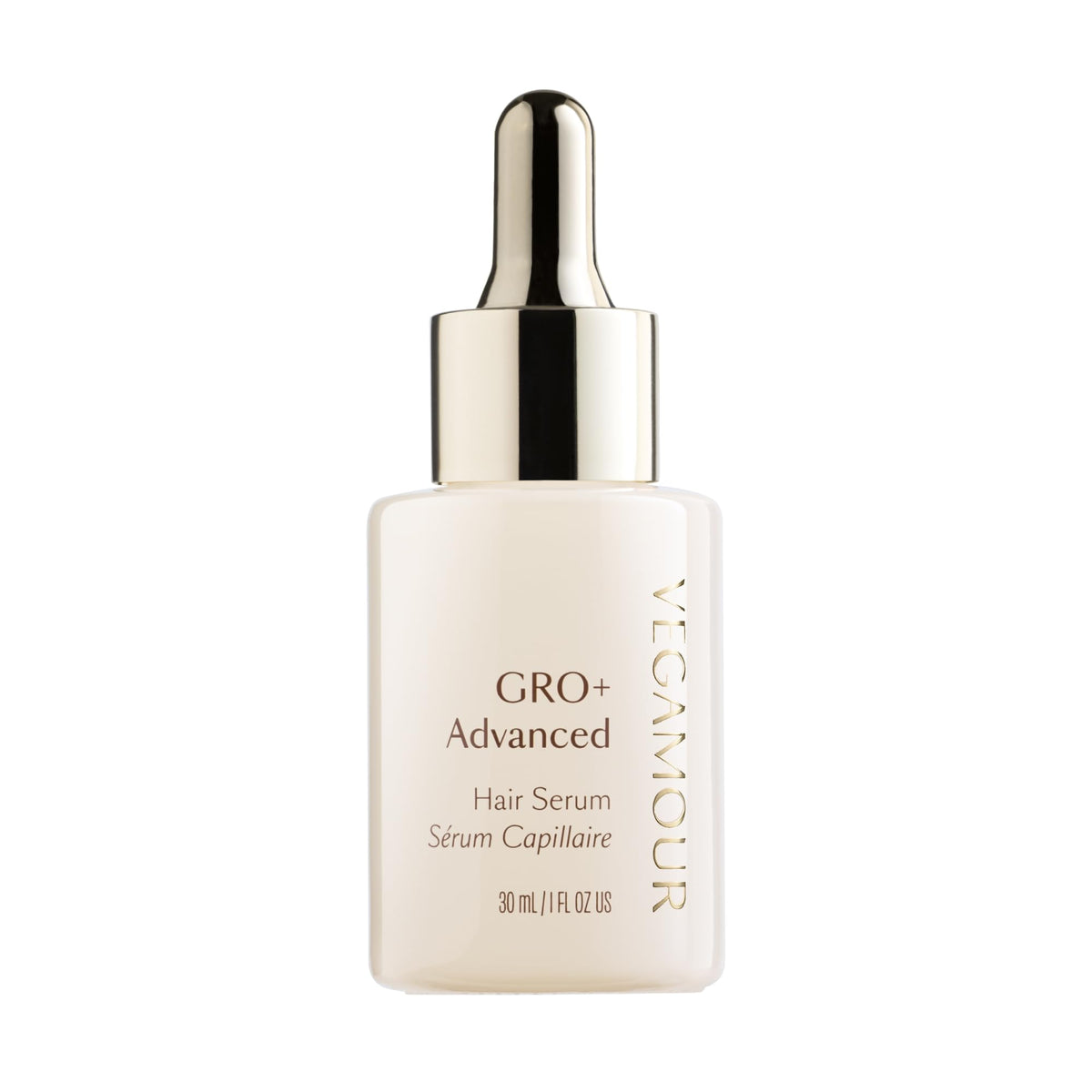 VEGAMOUR GRO+ serum bottle highlights lightweight hydration for a non-greasy scalp care routine.