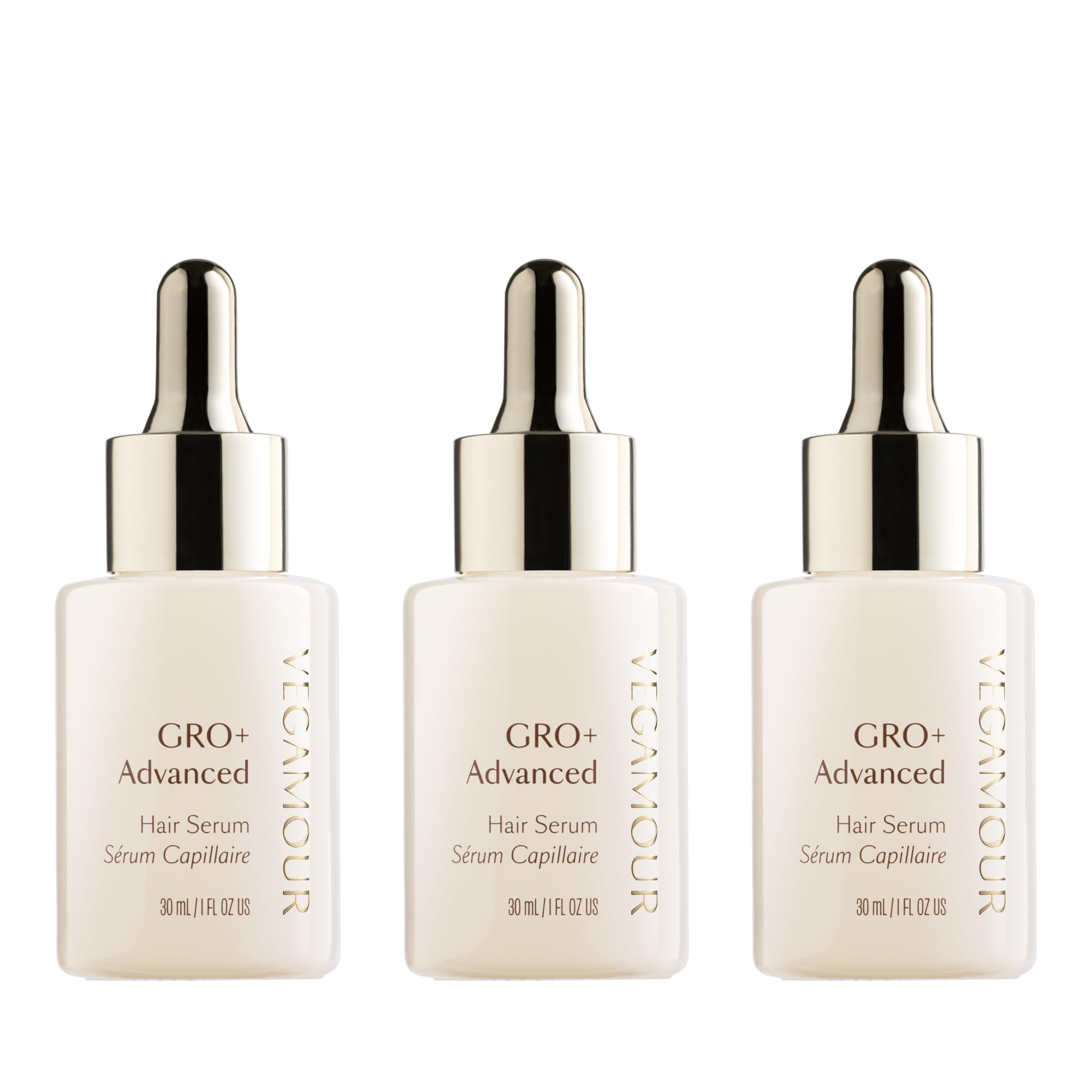 VEGAMOUR GRO+ serum bottle close-up highlights lightweight, non-greasy formula for daily density support.