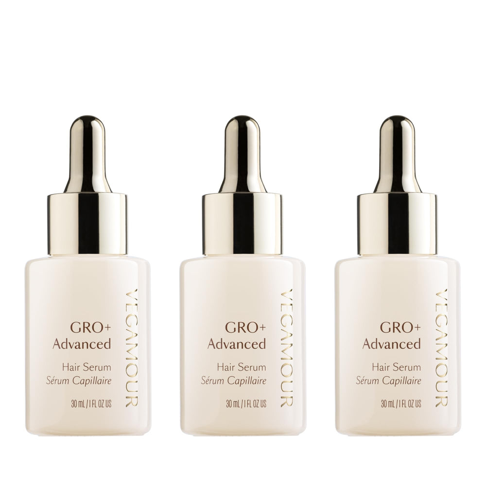 VEGAMOUR GRO+ serum bottle close-up highlights lightweight, non-greasy formula for daily density support.