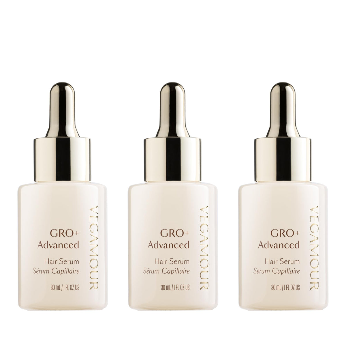VEGAMOUR GRO+ serum bottle close-up highlights lightweight, non-greasy formula for daily density support.
