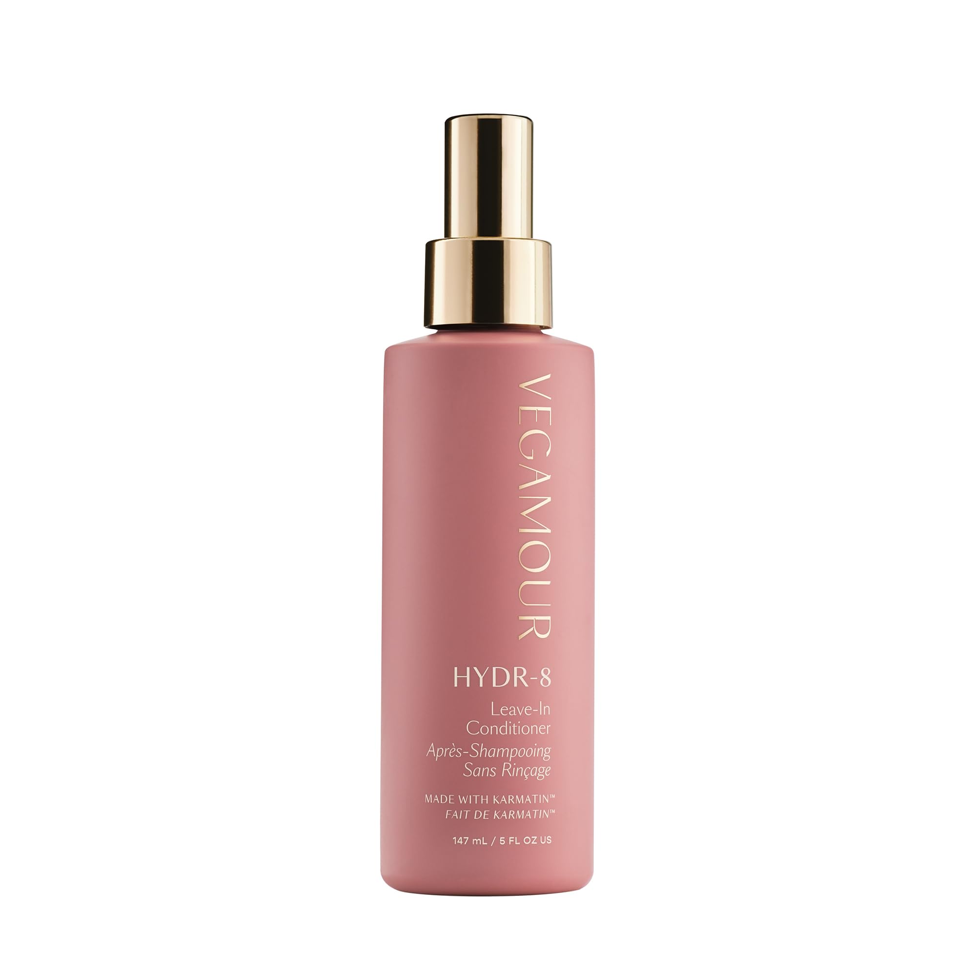 VEGAMOUR Hydr-8 leave-in conditioner bottle demonstrates lightweight hydration for soft, frizz-free hair.