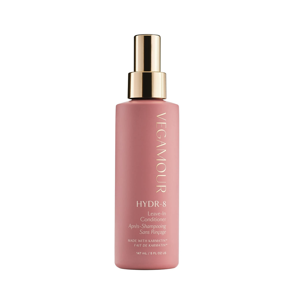 VEGAMOUR Hydr-8 leave-in conditioner bottle demonstrates lightweight hydration for soft, frizz-free hair.