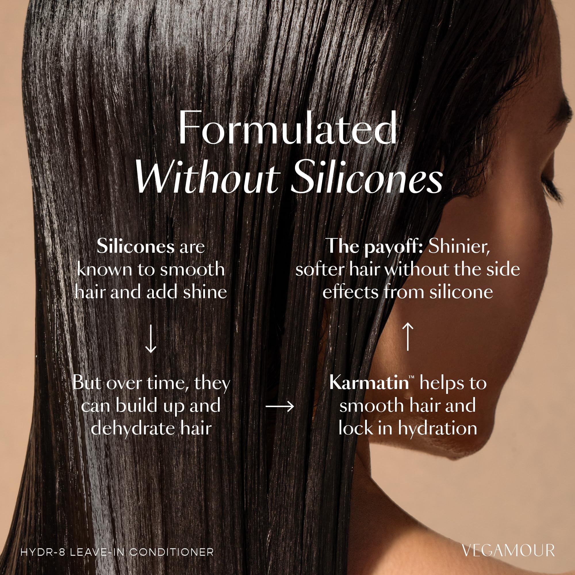 VEGAMOUR Hydr-8 emphasizes vegan Karmatin as silk-like protector for hair.