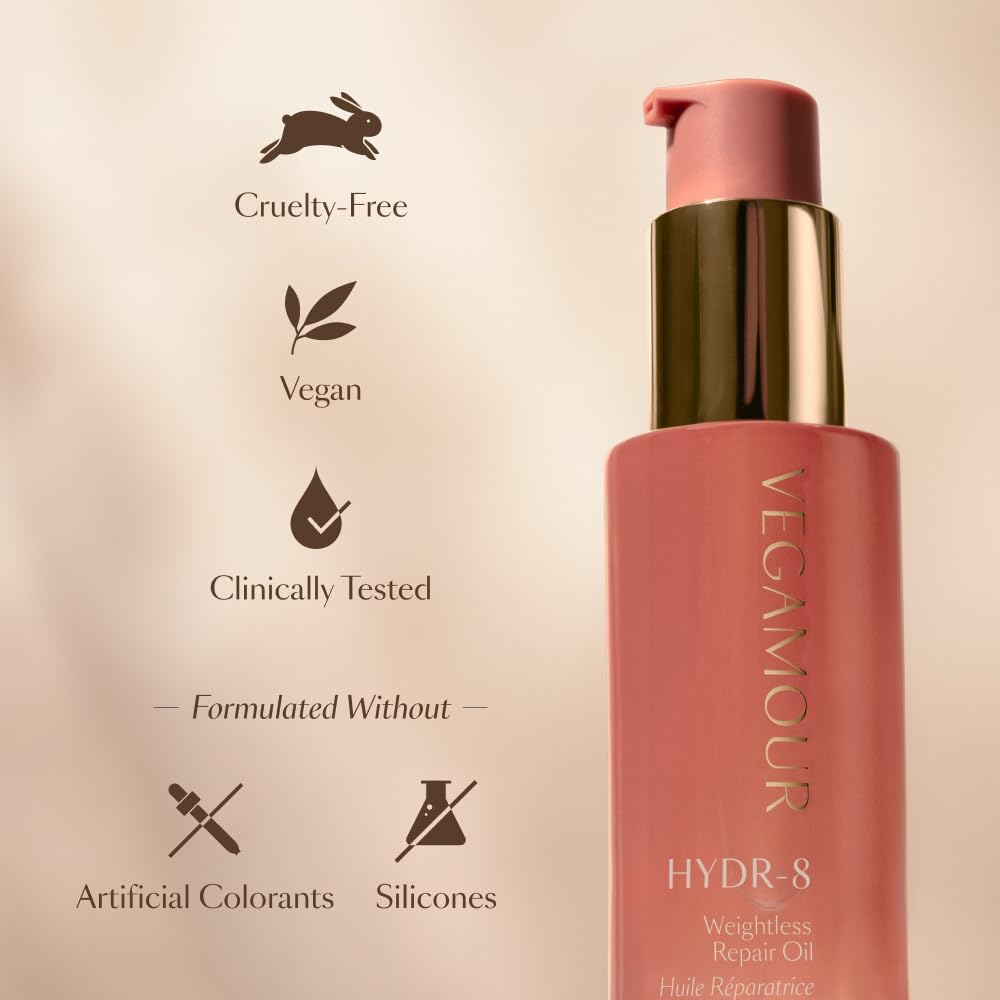 VEGAMOUR HYDR-8 ingredients close-up emphasizes plant-powered oils.