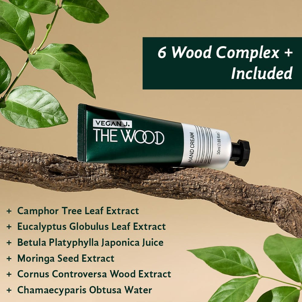 Vegan J Wood Hand Cream forest scent bottle evokes cedarwood, bergamot and violet notes.