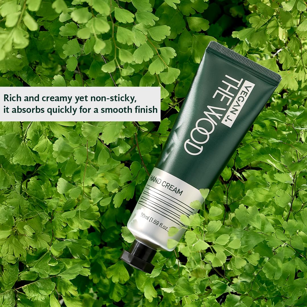 Vegan J Wood Hand Cream hands-application shows quick absorption for daily care.