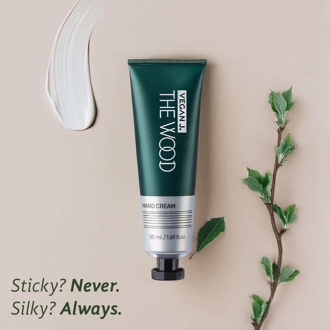 Vegan J Wood Hand Cream with shea butter delivers deep moisture without greasiness.