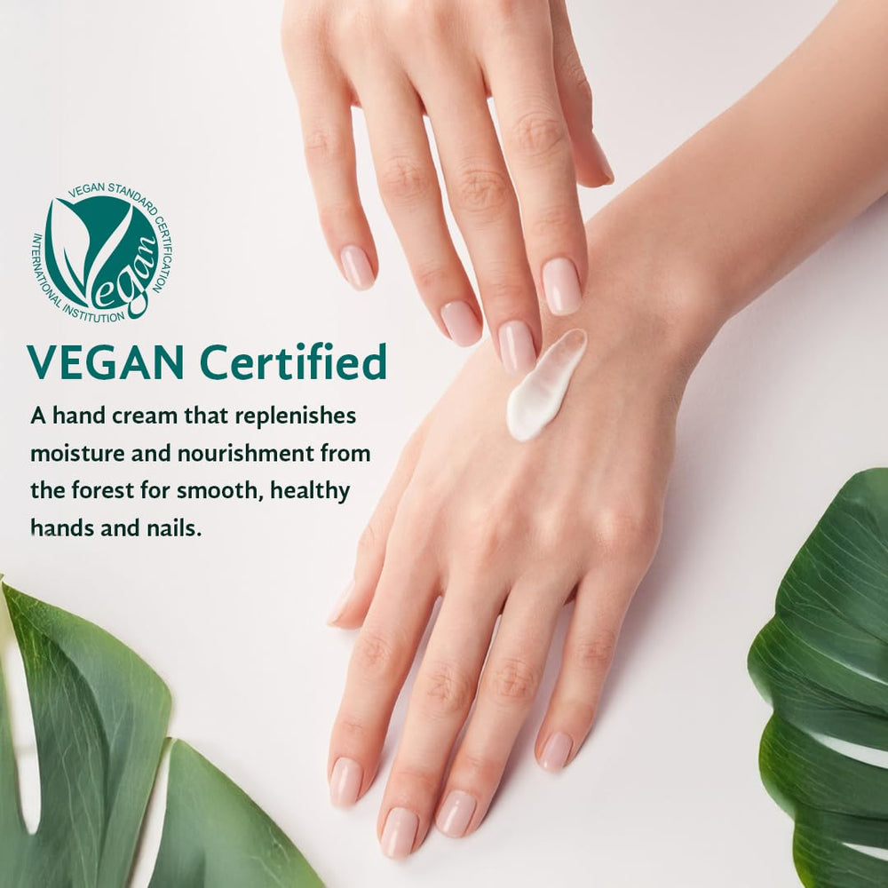 Vegan J Wood Hand Cream texture closeup highlights lightweight, non-sticky hydration.