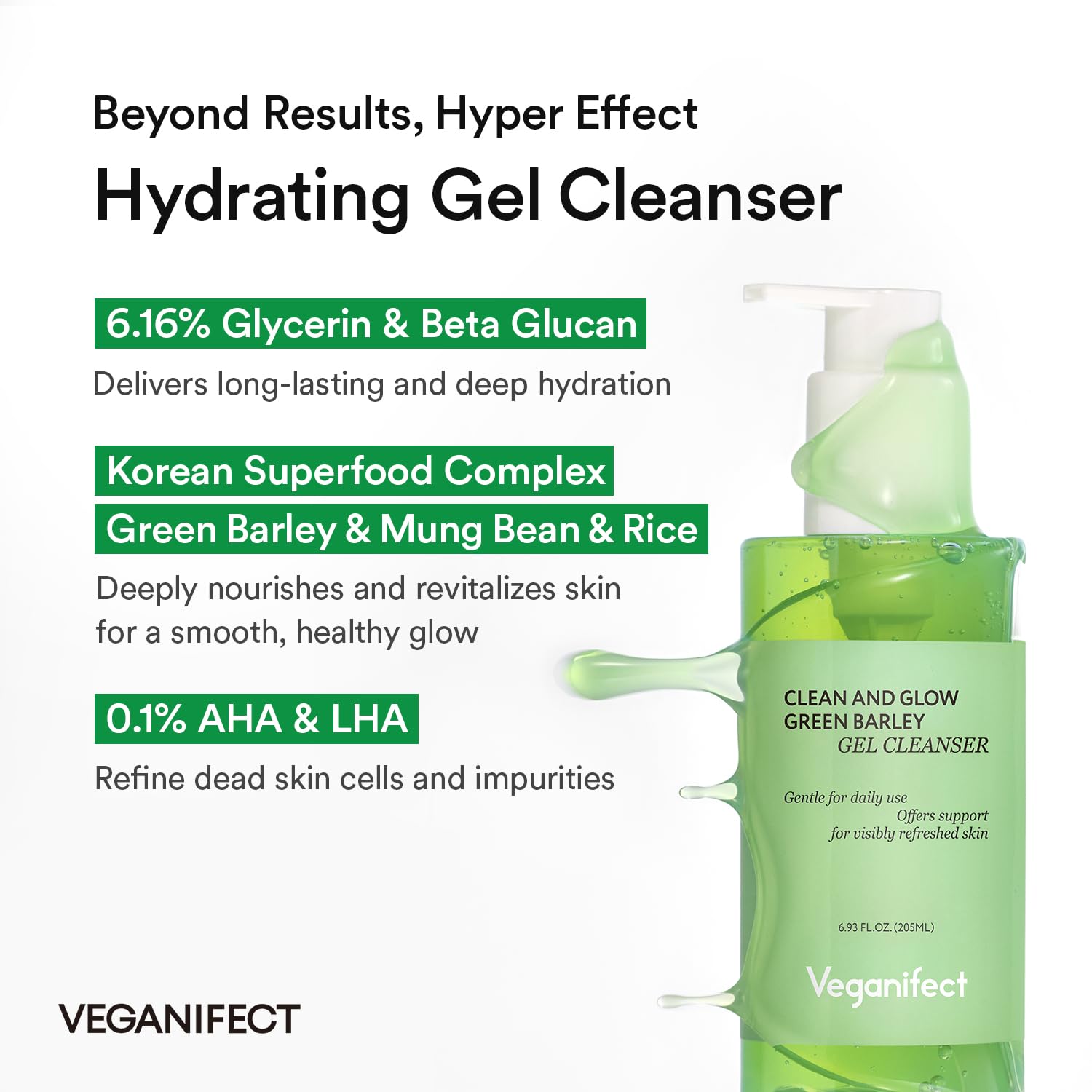 VEGANIFECT Hydrating Gel Cleanser beta-glucan close-up demonstrates long-lasting hydration.