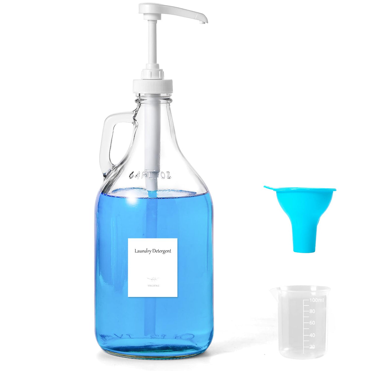 VEGEVIGI glass laundry dispenser with pump for spill-free detergent dosing.